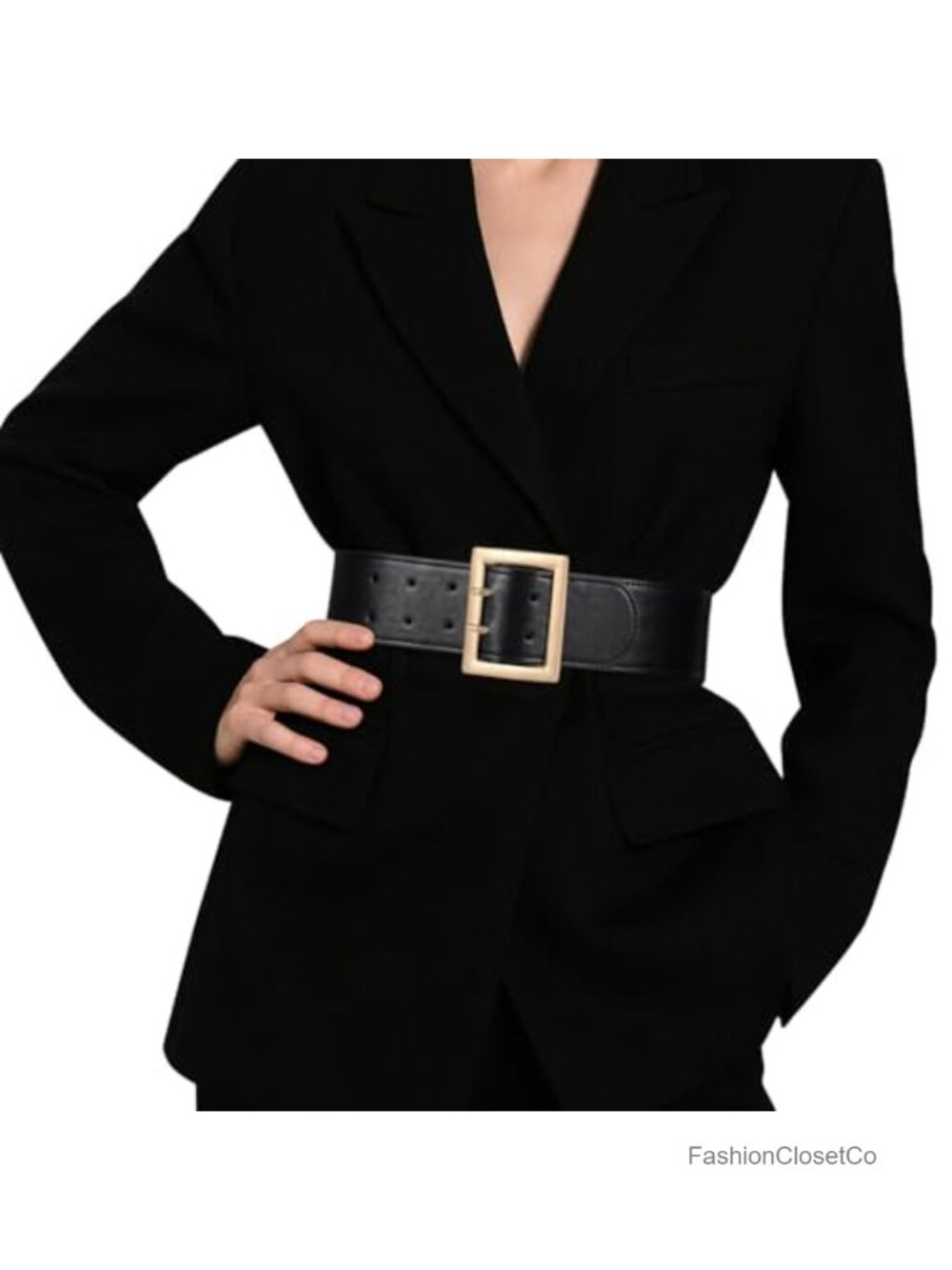 Wide Elastic Waist Belt for Dresses Faux Leather Gold Square Buckle